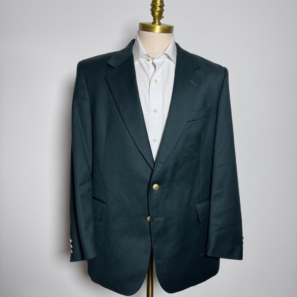 Savile Row Blazer Mens 44R Dark Green Solid Wool Gold Crest Button Sport Coat